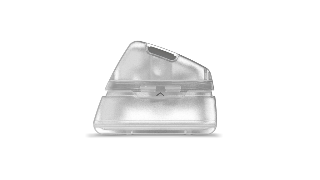 Clear plastic object with a small black component on a white background