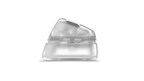 Clear plastic object with a small black component on a white background